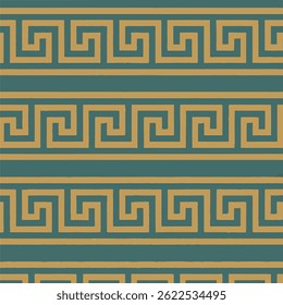 seamless vector pattern featuring a traditional Greek key (meander) motif in gold on a rich teal background. This classical geometric border design reflects ancient Hellenistic art 