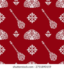 Seamless vector pattern featuring traditional Kazakh dombra musical instrument and ornamental ethnic motifs. Inspired by Central Asian culture and folk art. Decorative repeating background suitable for textile prints, fabric design, wrapping paper and cultural themed projects.