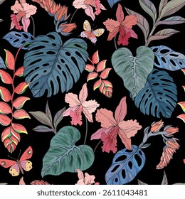 A seamless vector pattern featuring tropical leaves, vibrant flowers, and colorful butterflies on black background