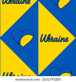 Seamless vector pattern featuring Ukrainian flag hearts and geometric triangles in vibrant yellow and blue, creating a patriotic and stylish design.