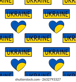 Seamless vector pattern featuring Ukrainian flag hearts and text Ukraine in a bold, hand-drawn style, creating a patriotic and joyful design.