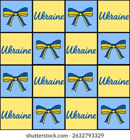 Padrão de vetor contínuo com arcos de cor de bandeira ucraniana e letras da Ucrânia em um design alegre e repetitivo, perfeito para fundos festivos ou projetos patrióticos.