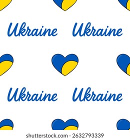 Seamless vector pattern featuring Ukrainian hearts and Ukraine lettering in a vibrant blue and yellow color scheme, perfect for patriotic designs and textile prints.