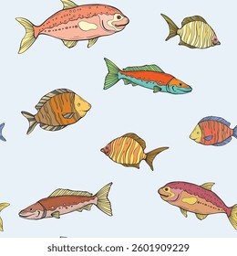 A seamless vector pattern featuring a variety of colorful tropical fish swimming against a light blue background, creating a vibrant and lively underwater-themed design