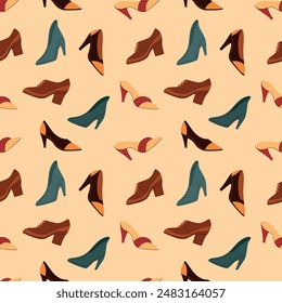 Seamless vector pattern featuring various women's shoes. Stylish and trendy fashion illustration