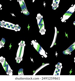 Seamless vector pattern featuring various skateboards with colorful designs on a black background, complemented by green lightning bolts. Ideal for urban, sporty, and youth-themed designs.