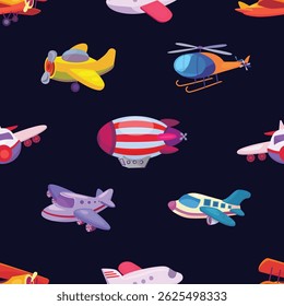 Seamless vector pattern featuring various airplane illustrations in a clean, modern style. Ideal for travel-themed designs, aviation backgrounds, wrapping paper, textiles, and digital use.