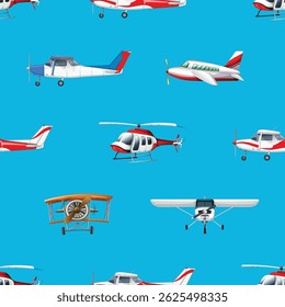 Seamless vector pattern featuring various airplane illustrations in a clean, modern style. Ideal for travel-themed designs, aviation backgrounds, wrapping paper, textiles, and digital use.