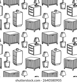 Seamless vector pattern featuring various furniture pieces including tables and lamps designed for interior decor