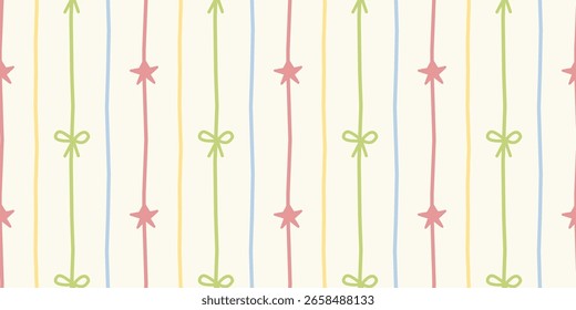 Seamless vector pattern featuring vertical ribbons and stars in a playful arrangement. Ideal for children’s products, gift wrap, or festive surface design.