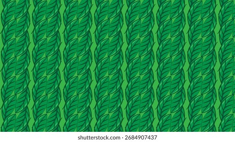 A seamless vector pattern featuring vertical columns of intertwined green leaves, creating a dense, organic, and natural background design with varying shades of green.