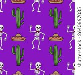Seamless vector pattern featuring vibrant purple background, dancing skeletons with floral eye makeup and red bow ties, along with green cacti and traditional Mexican sombreros, creating a festive...