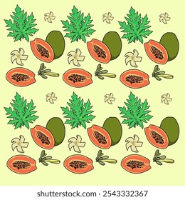 Seamless vector pattern featuring vibrant papaya fruits, green leaves, and delicate papaya flowers, ideal for tropical, botanical designs, gift design and background