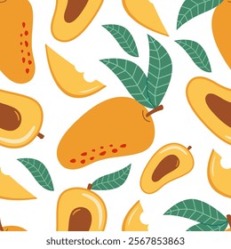 Seamless vector pattern featuring vibrant illustrations of ripe mango, halved mangoes with pit and lush green leaves. Vector illustration in Flat design for Print for fabric, textile, wrapping paper