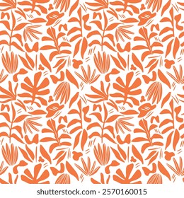A seamless vector pattern featuring vibrant orange tropical leaves and abstract botanical shapes on a clean white background. Perfect for use in textile design, wallpaper, wrapping paper, stationery, 