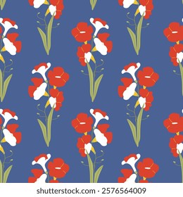 Seamless vector pattern featuring vibrant red flowers in a simple, elegant style. Perfect for textiles, wallpapers, packaging, and digital projects