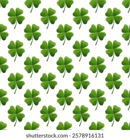 A seamless vector pattern featuring vibrant green four-leaf clovers arranged in a festive and symmetrical layout. This elegant shamrock background is perfect for St. Patrick s Day-themed designs