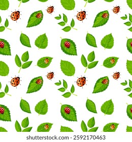 Seamless vector pattern featuring vibrant green leaves and colorful ladybugs on a white background