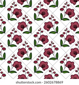 A seamless vector pattern featuring vibrant burgundy orchids and green leaves on a white background. The design includes various stages of orchid blooms and buds, creating a fresh floral aesthetic.