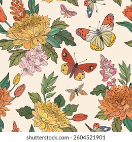 A seamless vector pattern featuring vibrant chrysanthemums, lupines, cherry blossoms, and tulips intertwined with lush green leaves, accompanied by colorful butterflies on a soft beige background