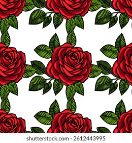 A seamless vector pattern featuring vibrant red roses with lush green leaves on a white background. The design is bold and decorative, ideal for textiles or wallpapers.