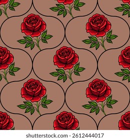 A seamless vector pattern featuring vibrant red roses with green leaves on a brown background. The design showcases a classic floral motif, ideal for textiles or wallpapers.