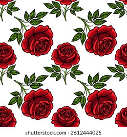 A seamless vector pattern featuring vibrant red roses with green leaves on a white background. The design is floral and decorative, ideal for textiles or wallpapers.
