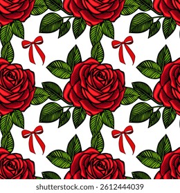 A seamless vector pattern featuring vibrant red roses with lush green leaves and decorative red bows on a white background. Ideal for floral designs, textiles, and romantic themes.