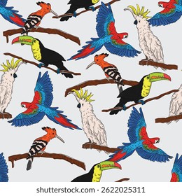 Seamless vector pattern featuring vibrant parrots and a variety of exotic birds. Perfect for fabric prints, wallpapers, packaging, and tropical-themed designs. 