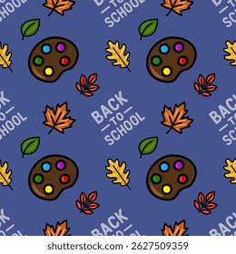 Seamless vector pattern featuring vibrant artist palettes, autumn leaves, and "Back to School" text, creating a cheerful and educational design perfect for fall-themed projects.
