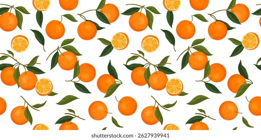 A seamless vector pattern featuring vibrant tangerines, juicy citrus slices, and green leaves. Perfect for fabric design, wrapping paper, kitchen decor, invitation or greeting cards, vector isolated