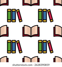 Seamless vector pattern featuring vibrant illustrations of open books and stacks of colorful books, ideal for educational designs and backgrounds.
