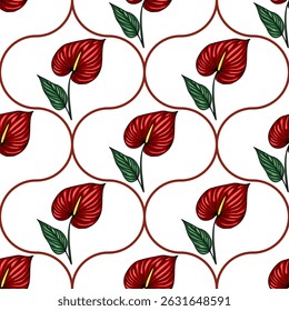 Seamless vector pattern featuring vibrant red Anthurium flowers with dark green leaves, elegantly arranged within a repeating brown curved line design on a white background.