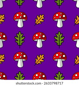 Seamless vector pattern featuring vibrant red toadstools with white spots and stylized oak leaves on a rich purple background, creating a playful autumnal design.
