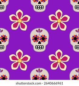 Seamless vector pattern featuring vibrant sugar skulls and stylized flowers on a rich purple background, ideal for Day of the Dead designs.