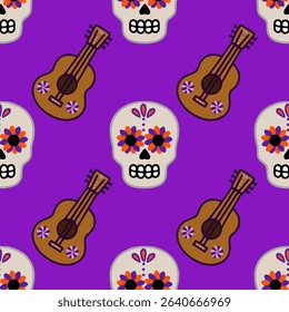 Seamless vector pattern featuring vibrant Day of the Dead sugar skulls adorned with orange and purple flowers, playfully paired with brown acoustic guitars on a rich purple background, creating a f...