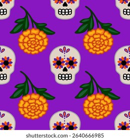 Seamless vector pattern featuring vibrant Day of the Dead sugar skulls adorned with orange and purple marigolds on a rich purple background, creating a festive and celebratory design.