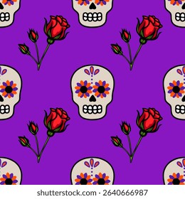 Seamless vector pattern featuring vibrant Day of the Dead sugar skulls adorned with orange and purple flowers, accompanied by stylized red roses on a rich purple background.