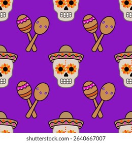Seamless vector pattern featuring vibrant Day of the Dead sugar skulls wearing sombreros, adorned with sunflowers, playfully paired with maracas on a rich purple background.