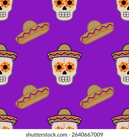 Seamless vector pattern featuring vibrant Day of the Dead sugar skulls adorned with sunflowers and traditional sombreros on a rich purple background, ideal for festive designs.