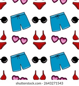Seamless vector pattern featuring vibrant summer beachwear: red bikinis, turquoise swim shorts, and heart-shaped sunglasses, ideal for textile prints or summer-themed designs.
