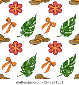 Seamless vector pattern featuring vibrant tropical flowers, lush monstera leaves, stylish sun hats, and cheerful orange bows, creating a cheerful summer vibe.