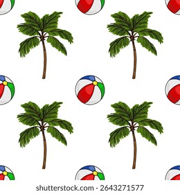 Seamless vector pattern featuring vibrant beach balls and detailed palm trees, creating a playful summer vibe ideal for textile prints or website backgrounds.