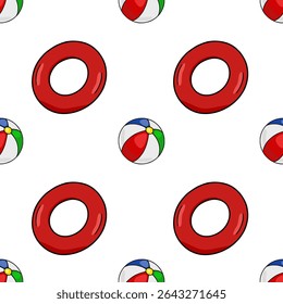 Seamless vector pattern featuring vibrant red inflatable rings and multicolored beach balls against a clean white background, ideal for summer-themed designs.