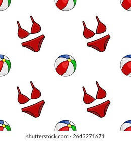 Seamless vector pattern featuring a vibrant red bikini and a multicolored beach ball, creating a playful summer vibe.
