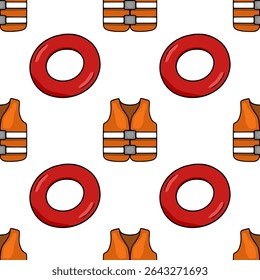 Seamless vector pattern featuring vibrant orange life vests and red inflatable rings, creating a playful and summery design ideal for textile prints or website backgrounds.