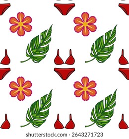 Seamless vector pattern featuring vibrant red bikini, tropical monstera leaves, and stylized orange flowers on a white background, ideal for summer fashion or beach-themed designs.