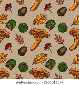 Seamless vector pattern featuring vibrant autumnal elements: chanterelle mushrooms, acorns, chestnuts, oak leaves, and berries, creating a rich and detailed design perfect for fall-themed projects.