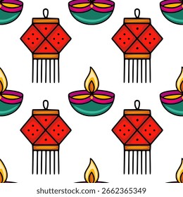 Seamless vector pattern featuring vibrant red lanterns and teal diyas with yellow flames, a festive design perfect for Diwali celebrations and Indian-themed projects.