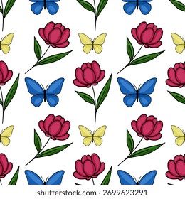 Seamless vector pattern featuring vibrant pink flowers and contrasting blue and yellow butterflies on a white background, evoking a cheerful spring or summer aesthetic.